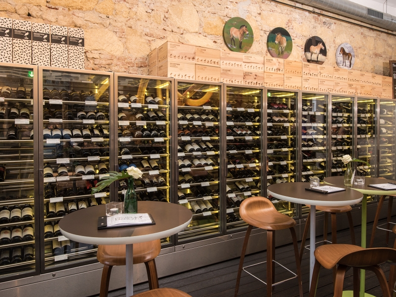 Raumlange Weinvitrine mit 12 Glas-Flügeltüren (umgesetzt in Sonderbau für Selektion Vinothek Burgenland)