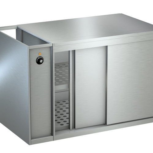 Rendering von Gastro-Wärmeschrank mit Schiebetüren, gelochten Boarden und Temperaturregler