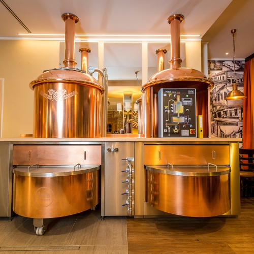 Design-Brauanlage mit Kupfer im Sichtbereich für Einsatz in Gastraum/Gaststube