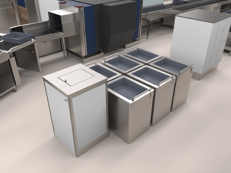 Rendering von Edelstahl-Produkten für Sicherheitskontrolle am Flughafen mit Fokus auf Mülleinhausung samt Einwurfsklappe und fahrbaren Kistenspendern
